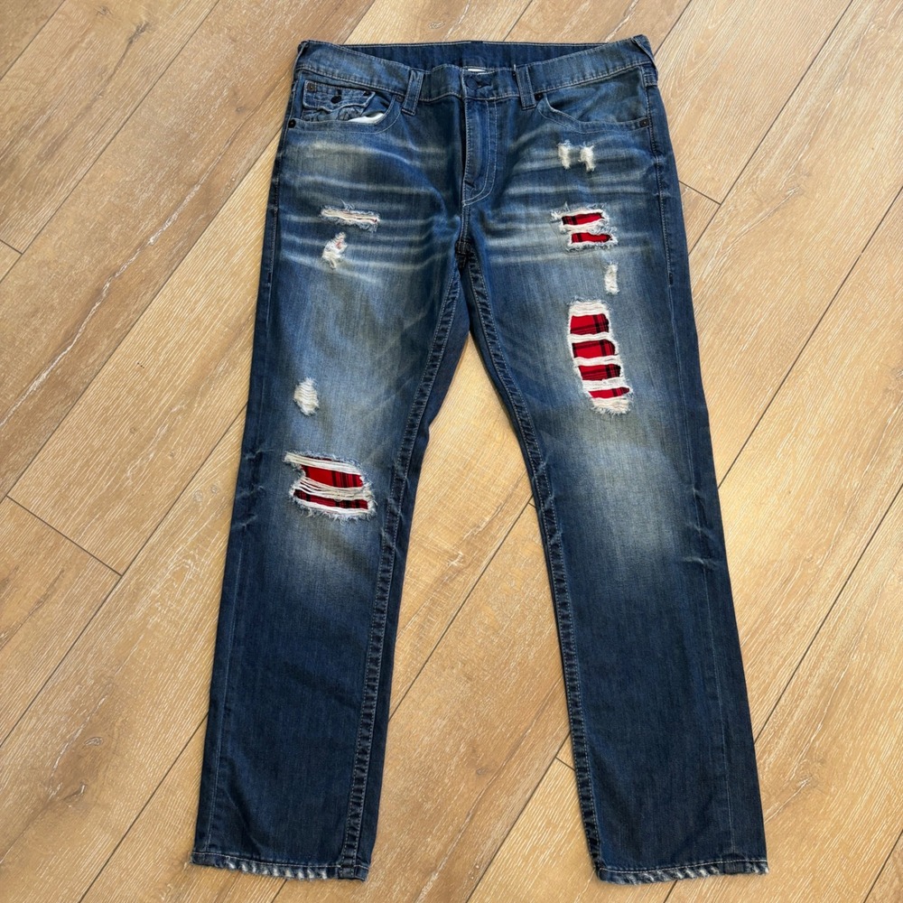 True Religion Geno Mens 38 Distressed Plaid Patch Relaxed Slim Straight Jeans